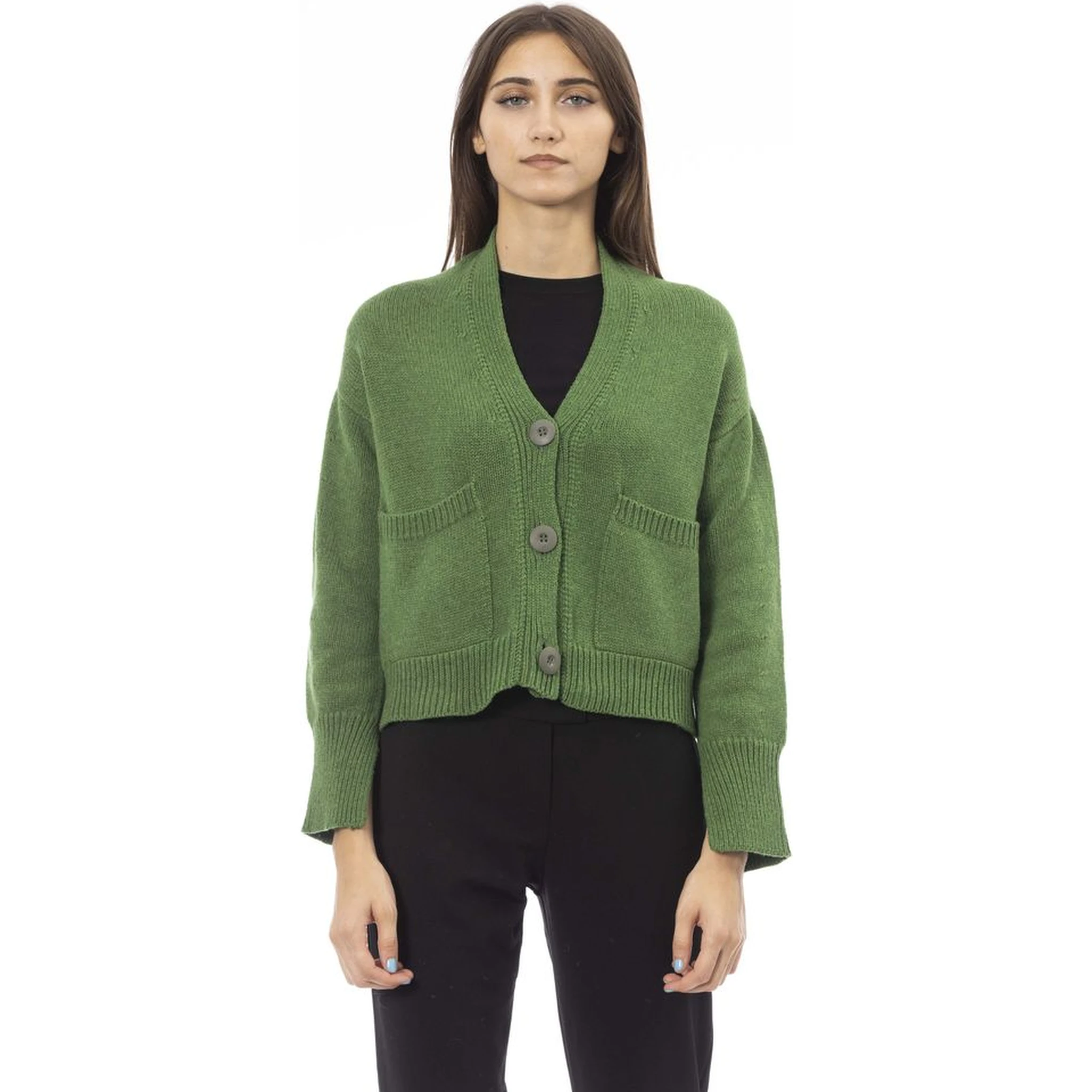 Green Merino Wool Women Cardigan