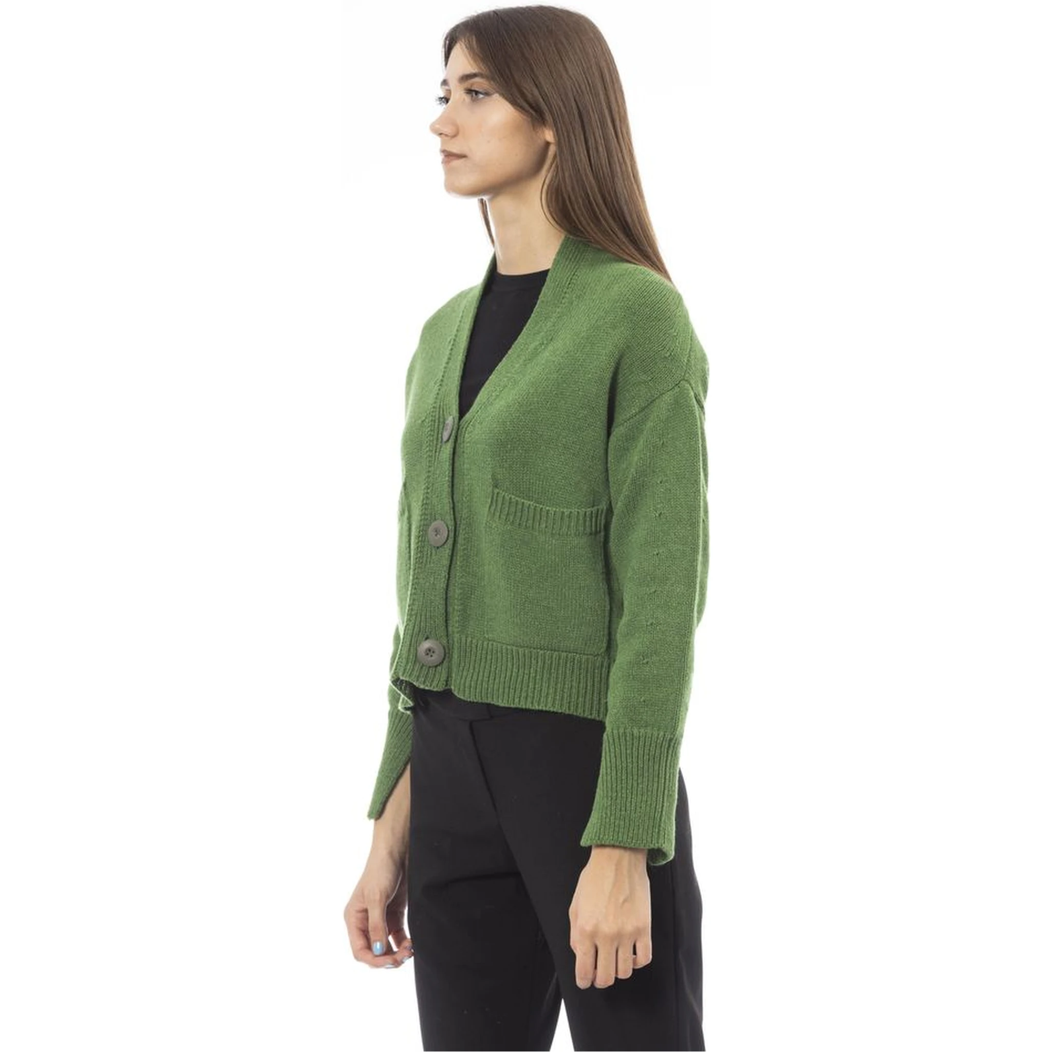 Green Merino Wool Women Cardigan
