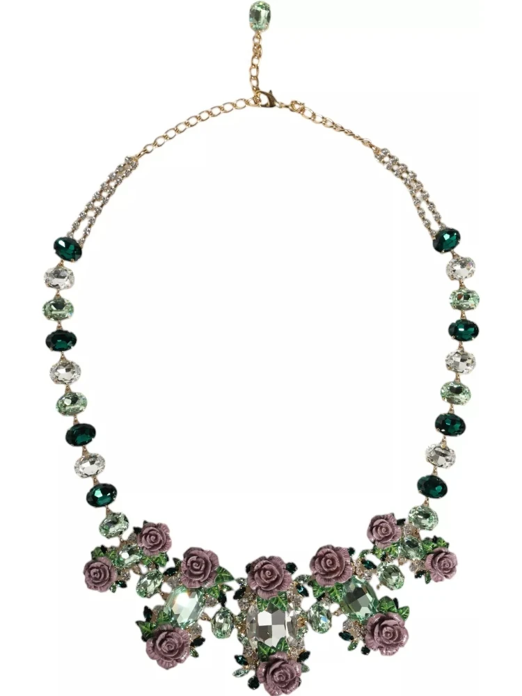 Gold Brass Link Chain Rose Petal Crystal Necklace