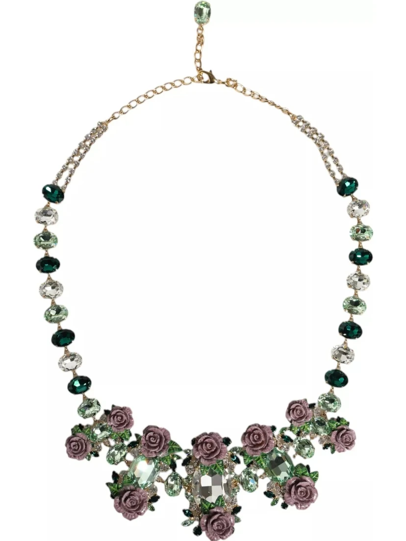 Gold Brass Link Chain Rose Petal Crystal Necklace