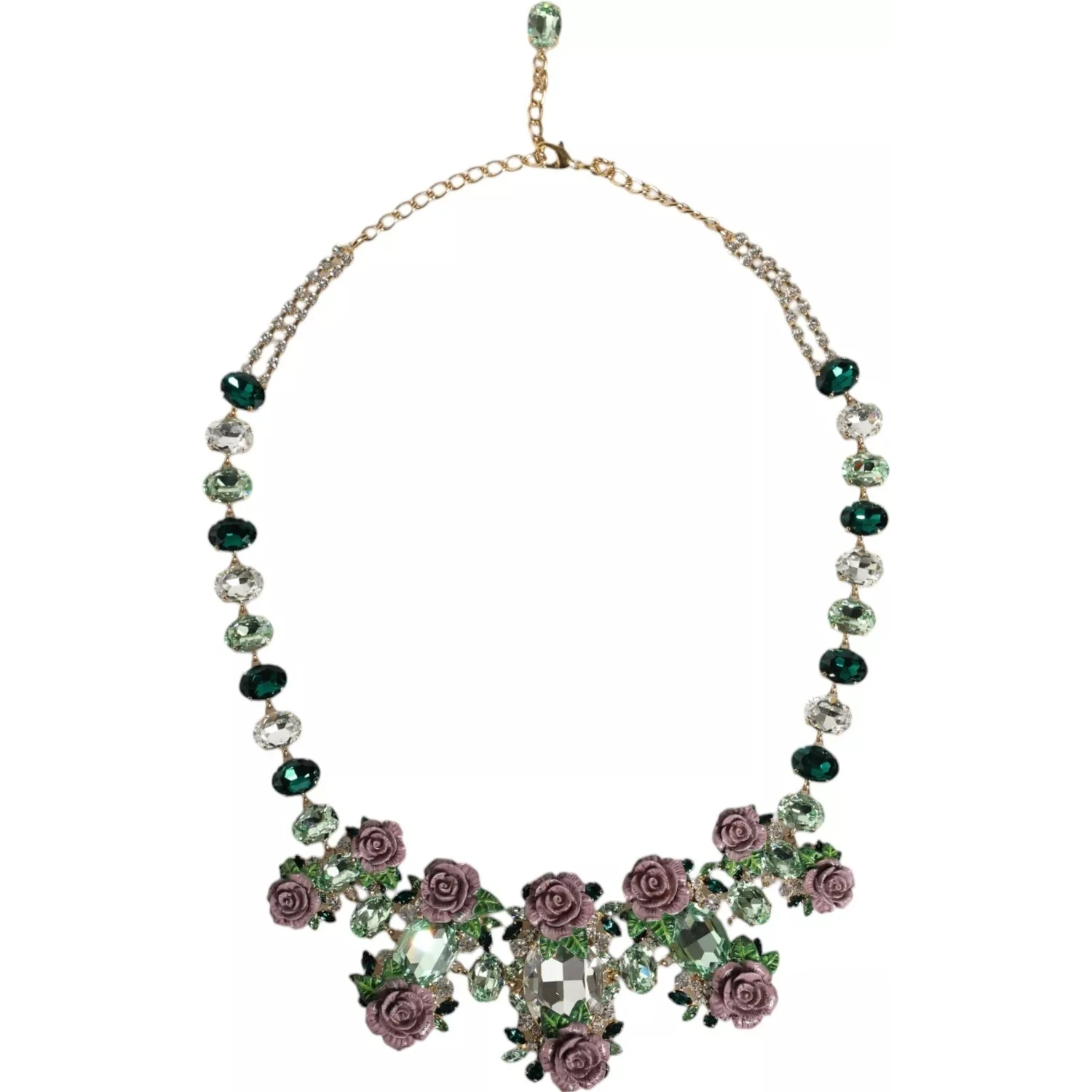 Gold Brass Link Chain Rose Petal Crystal Necklace