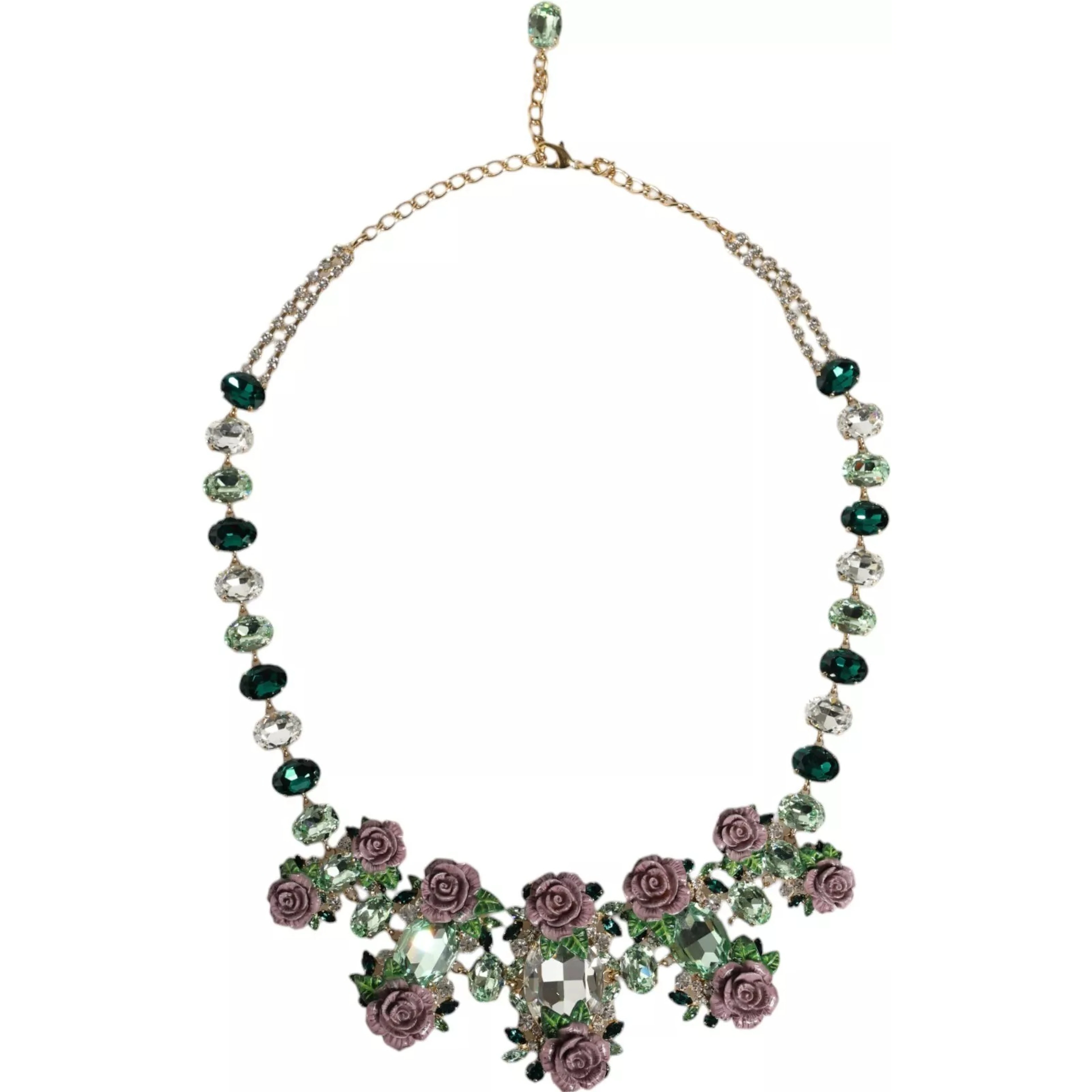 Gold Brass Link Chain Rose Petal Crystal Necklace