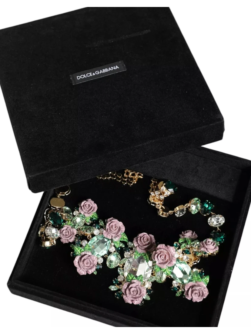 Gold Brass Link Chain Rose Petal Crystal Necklace