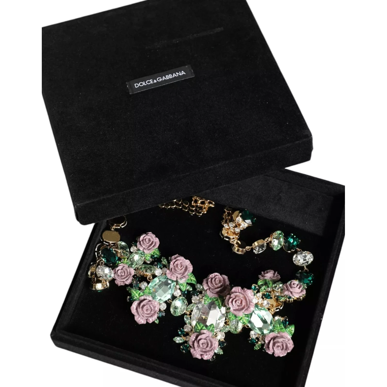 Gold Brass Link Chain Rose Petal Crystal Necklace