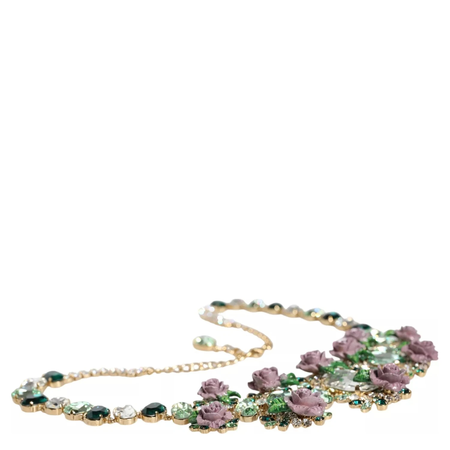 Gold Brass Link Chain Rose Petal Crystal Necklace