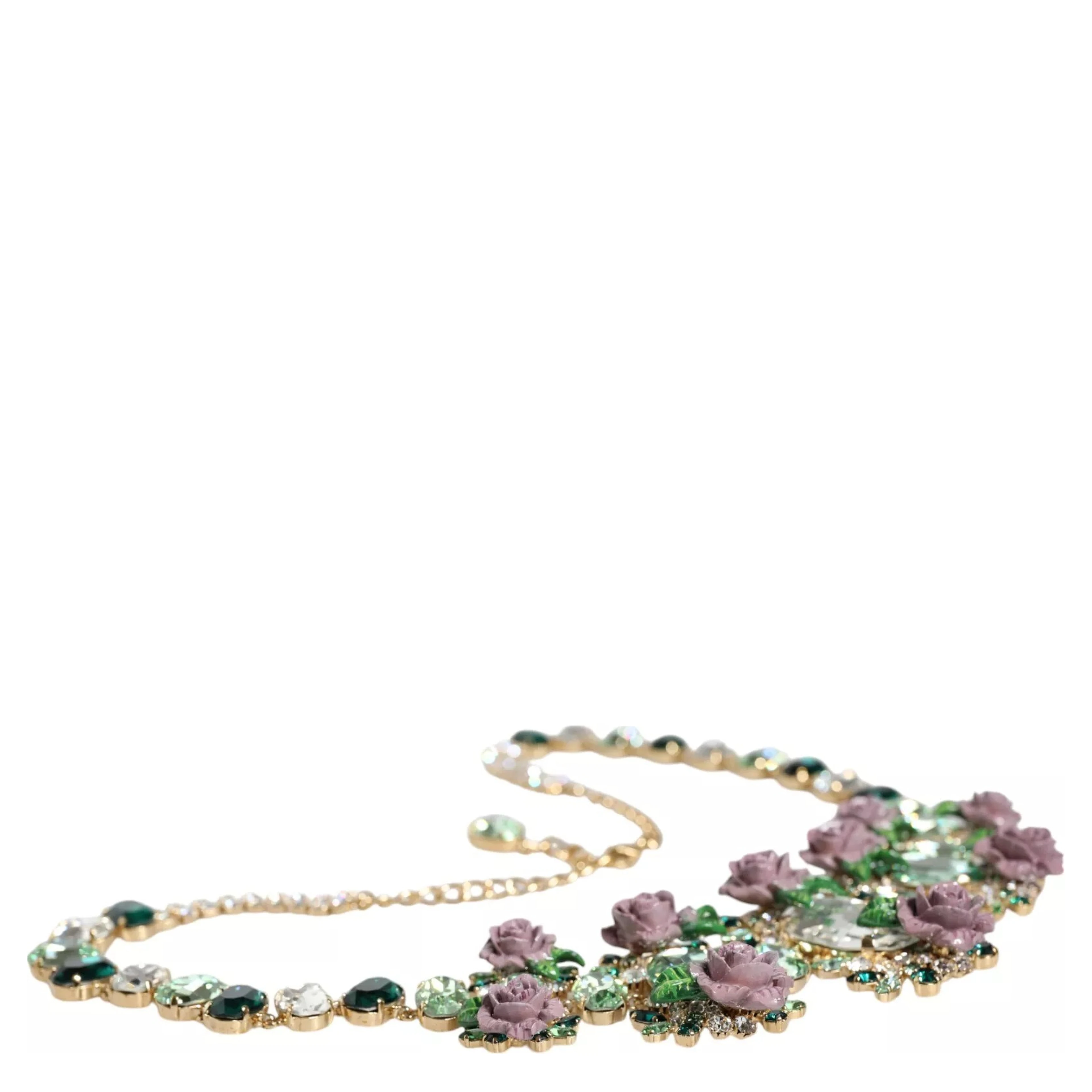 Gold Brass Link Chain Rose Petal Crystal Necklace