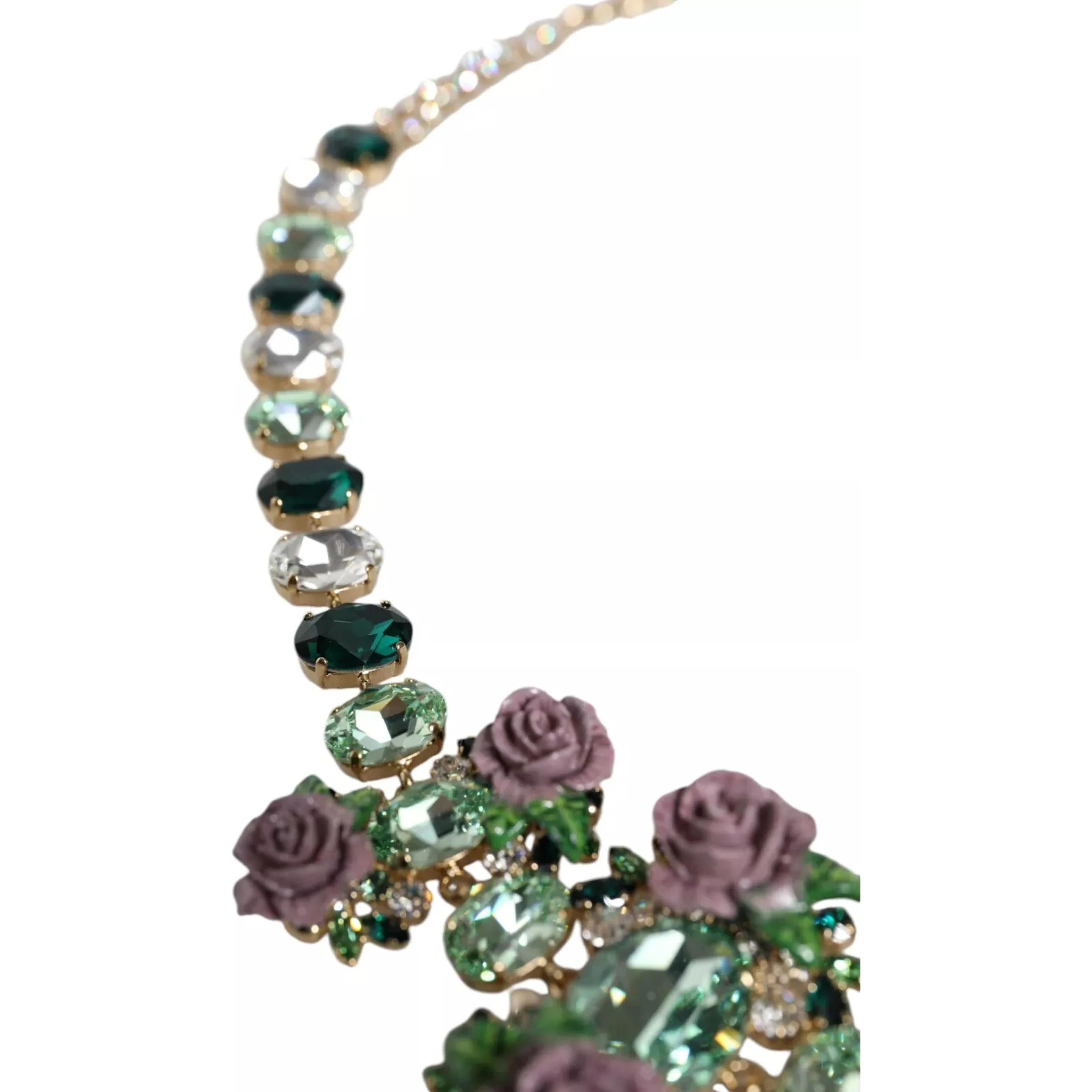 Gold Brass Link Chain Rose Petal Crystal Necklace