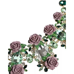 Gold Brass Link Chain Rose Petal Crystal Necklace