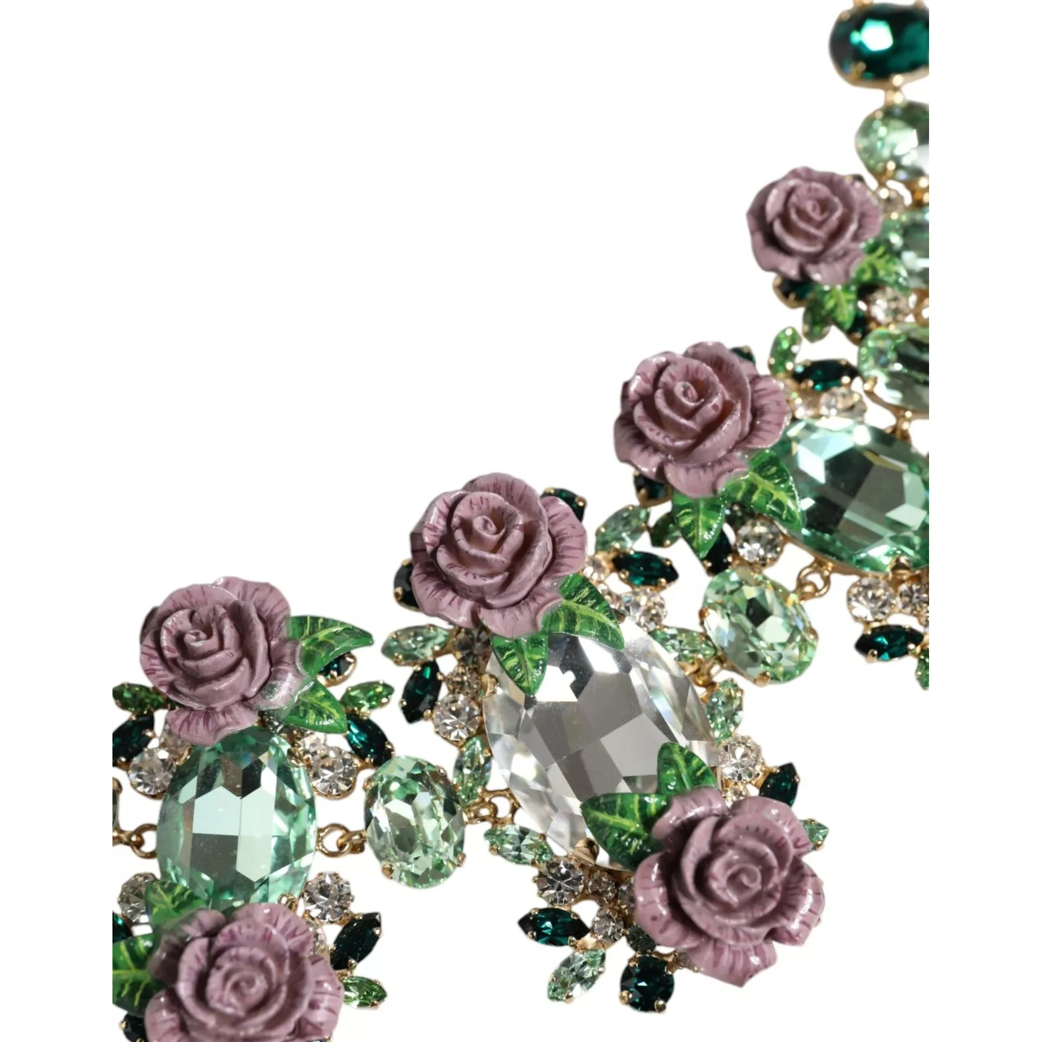 Gold Brass Link Chain Rose Petal Crystal Necklace