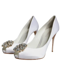 White Crystals Peep Toe Satin Pumps Shoes