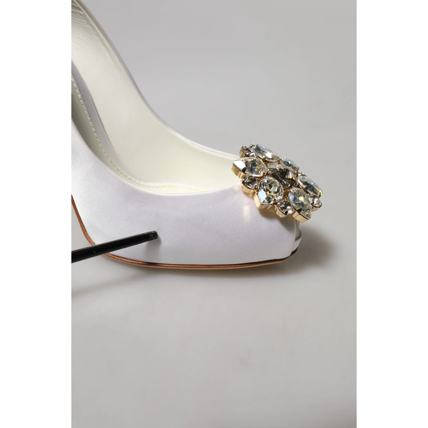 White Crystals Peep Toe Satin Pumps Shoes