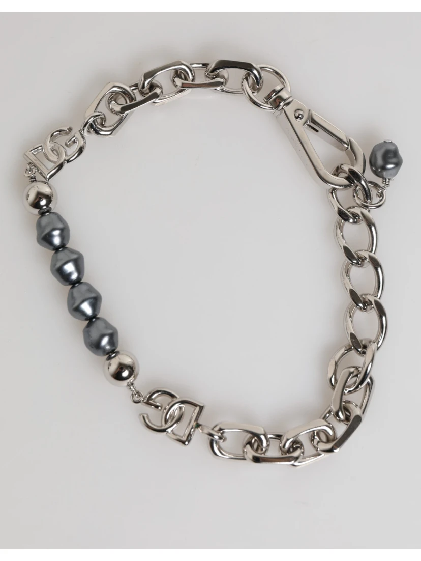 Silver Tone Chain Lobster Clasp Logo Gray Pearls Bracelet