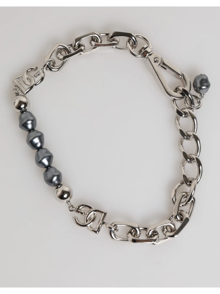 Silver Tone Chain Lobster Clasp Logo Gray Pearls Bracelet alternative