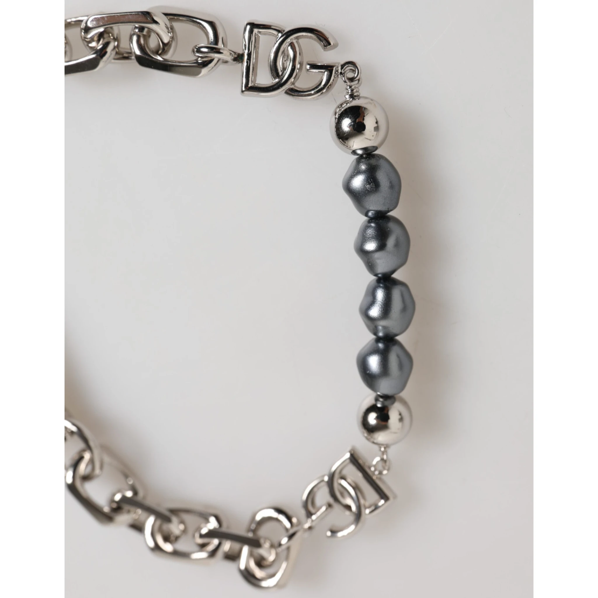 Silver Tone Chain Lobster Clasp Logo Gray Pearls Bracelet