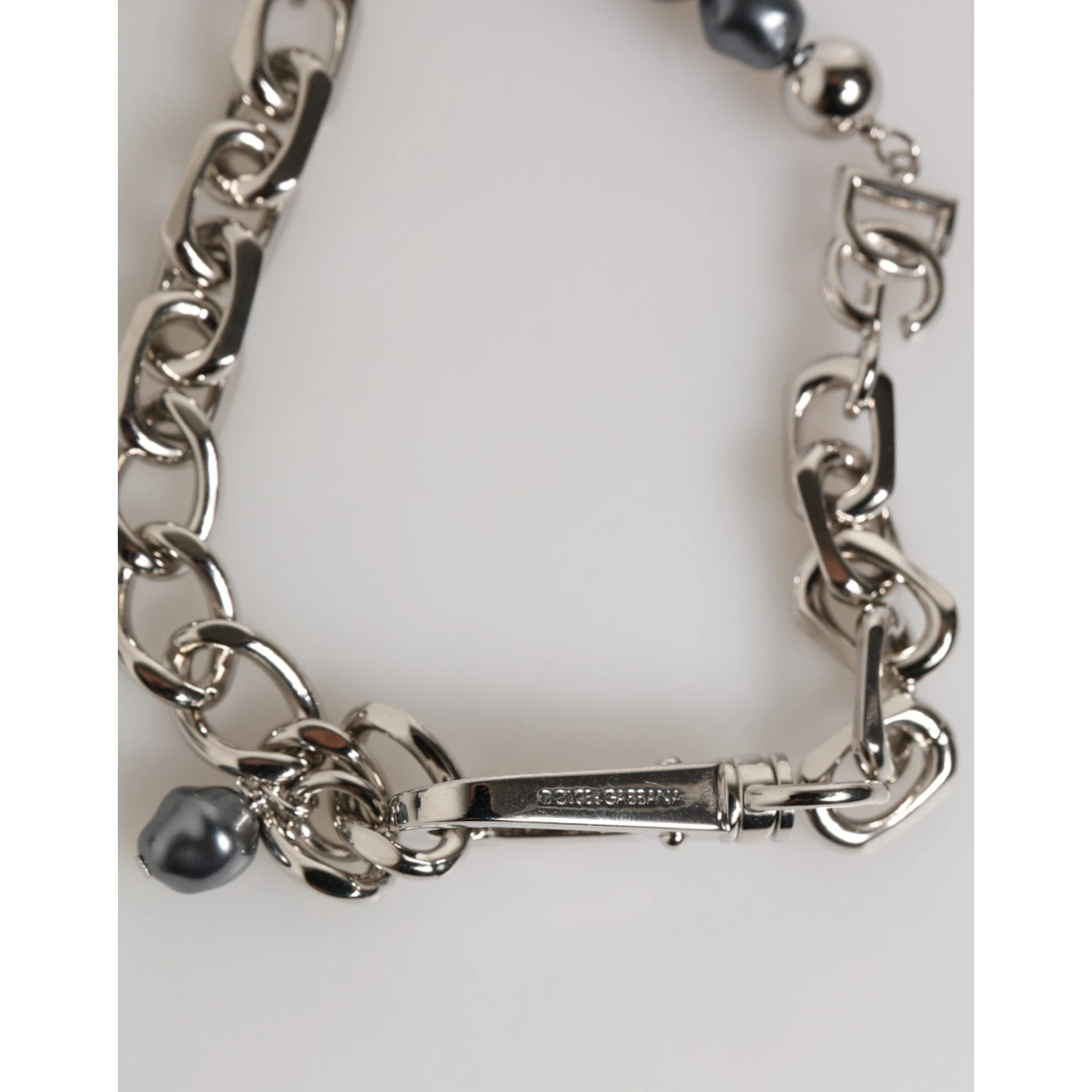 Silver Tone Chain Lobster Clasp Logo Gray Pearls Bracelet