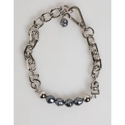 Silver Tone Chain Lobster Clasp Logo Gray Pearls Bracelet