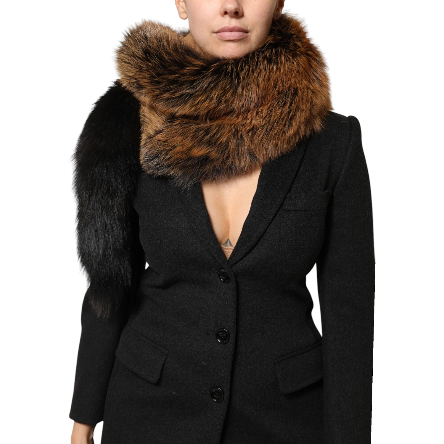 Brown Red Fox Fur Neck Cashmere Warmer Scarf