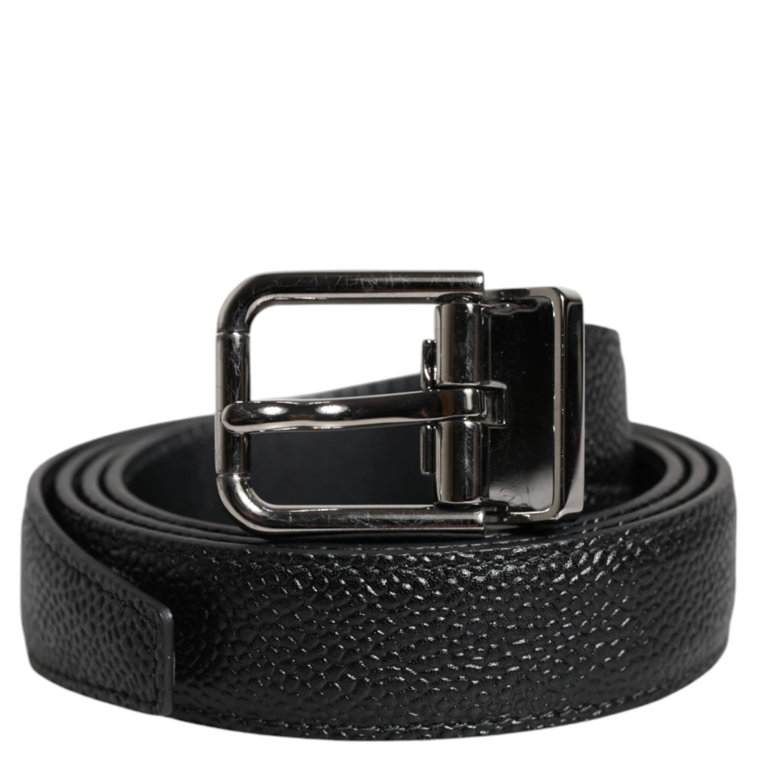 Black Textured Leather Silver Metal Buckle Men Belt