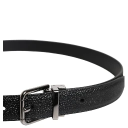 Black Textured Leather Silver Metal Buckle Men Belt