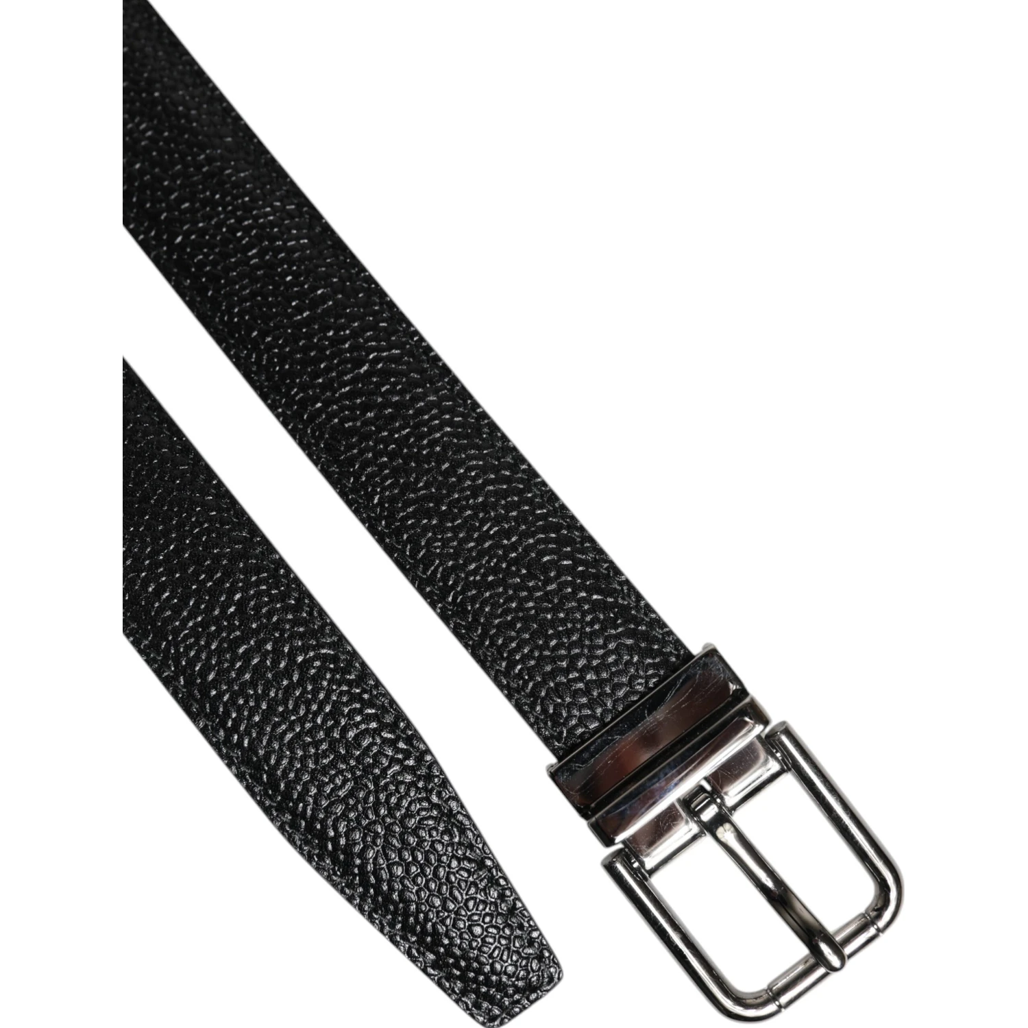 Black Textured Leather Silver Metal Buckle Men Belt