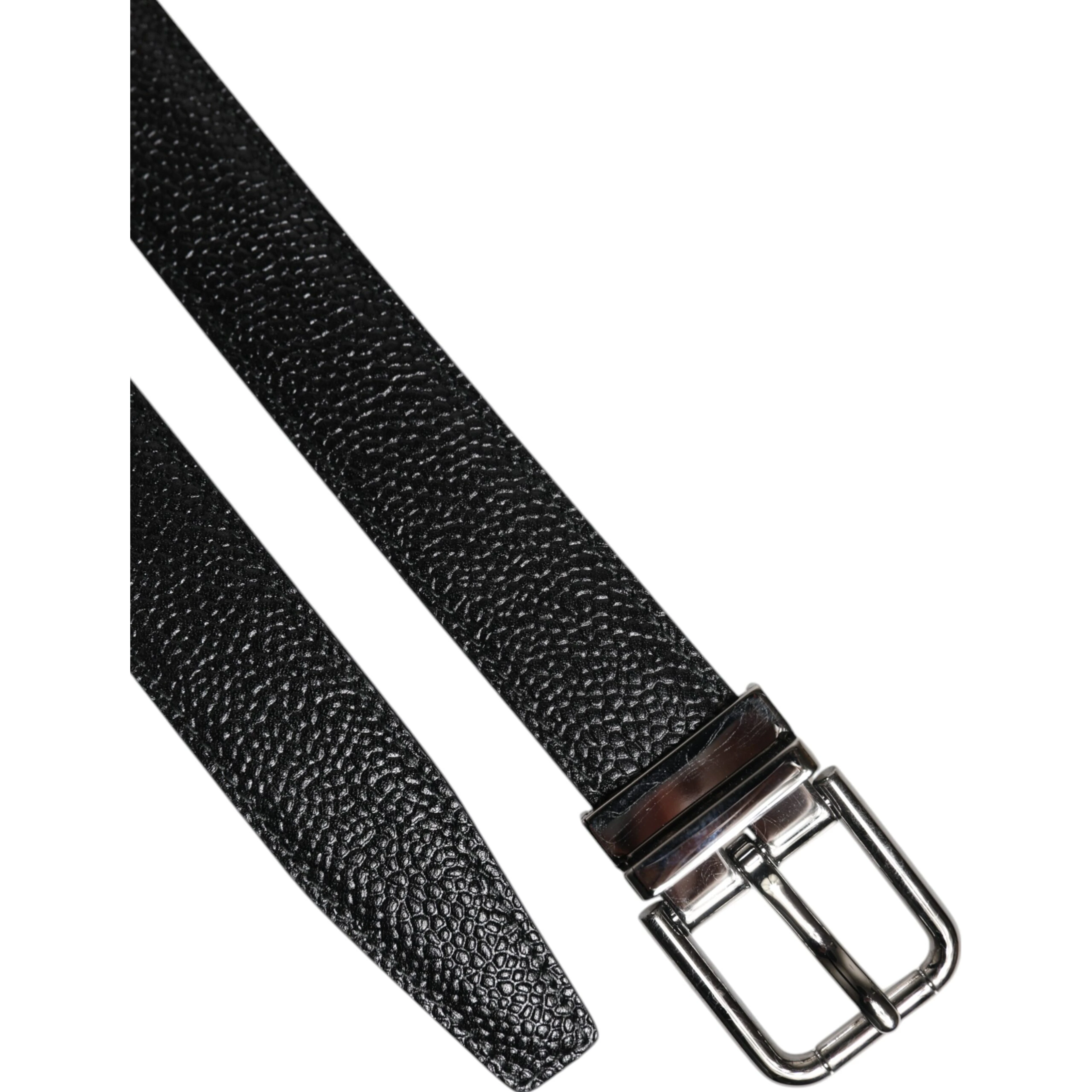 Black Textured Leather Silver Metal Buckle Men Belt