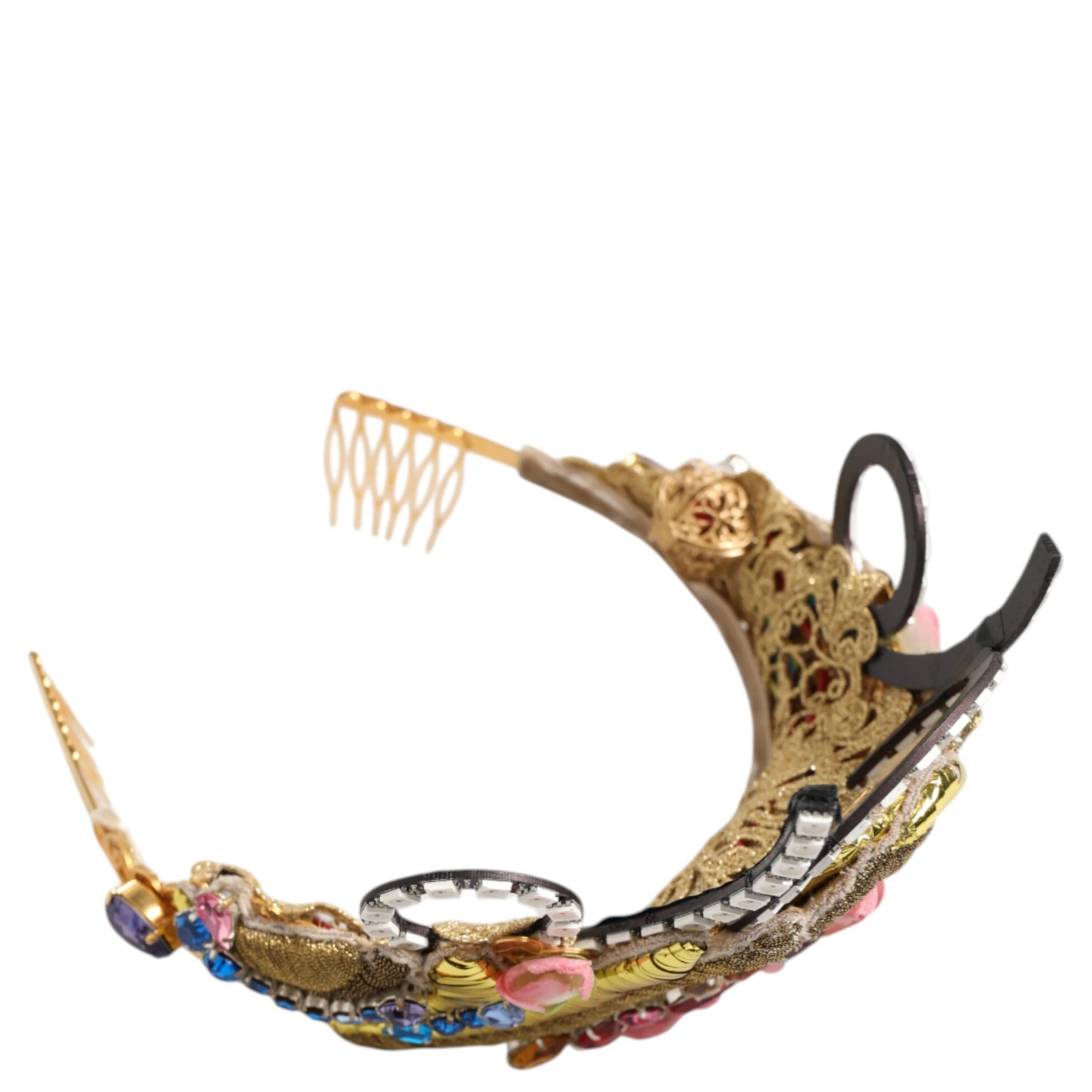 Gold Brass Crystal Embellished Headpiece Crown Diadem Tiara