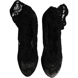 Black Lace Stretch Heels Mid Calf Boots Shoes