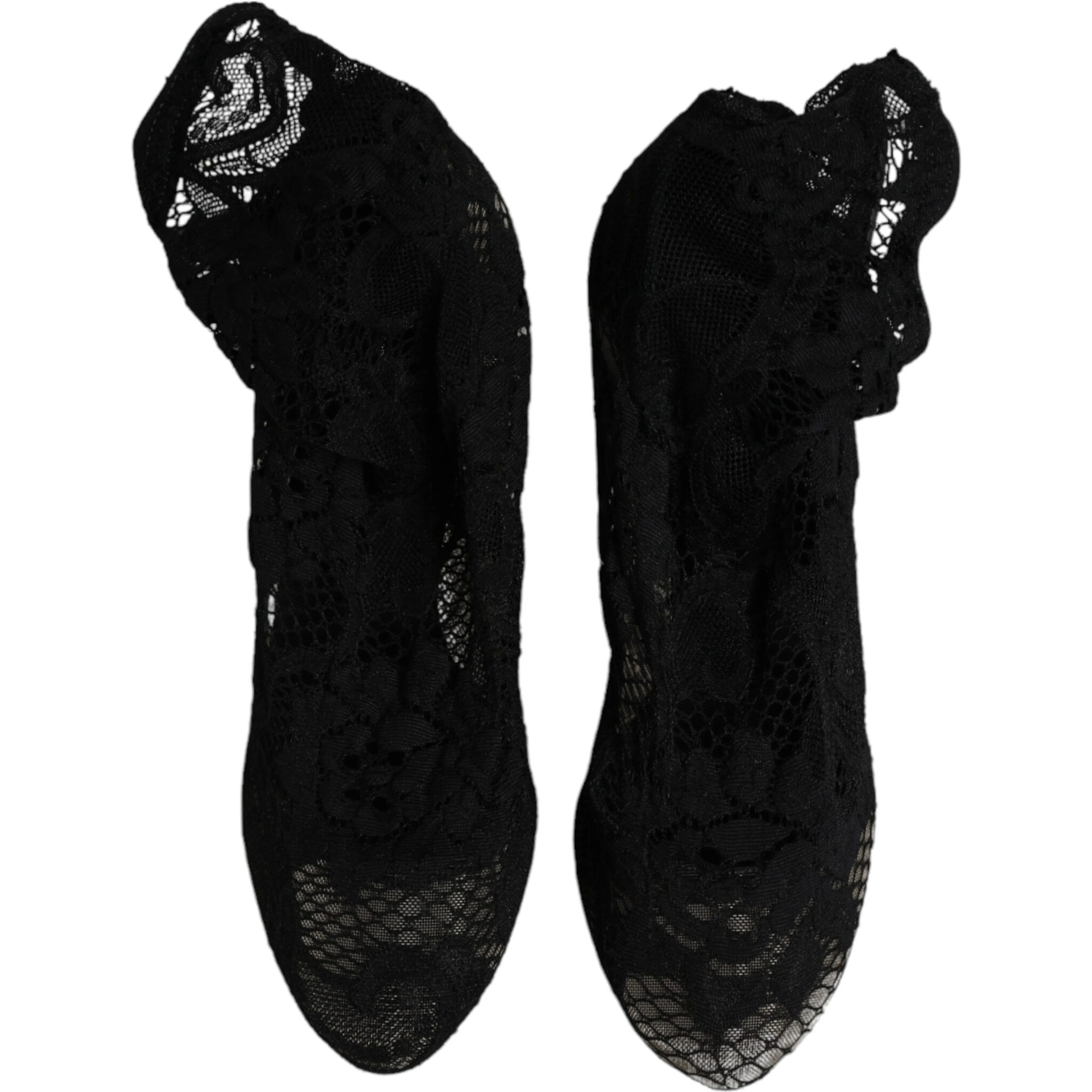 Black Lace Stretch Heels Mid Calf Boots Shoes