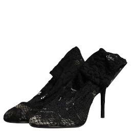 Black Lace Stretch Heels Mid Calf Boots Shoes