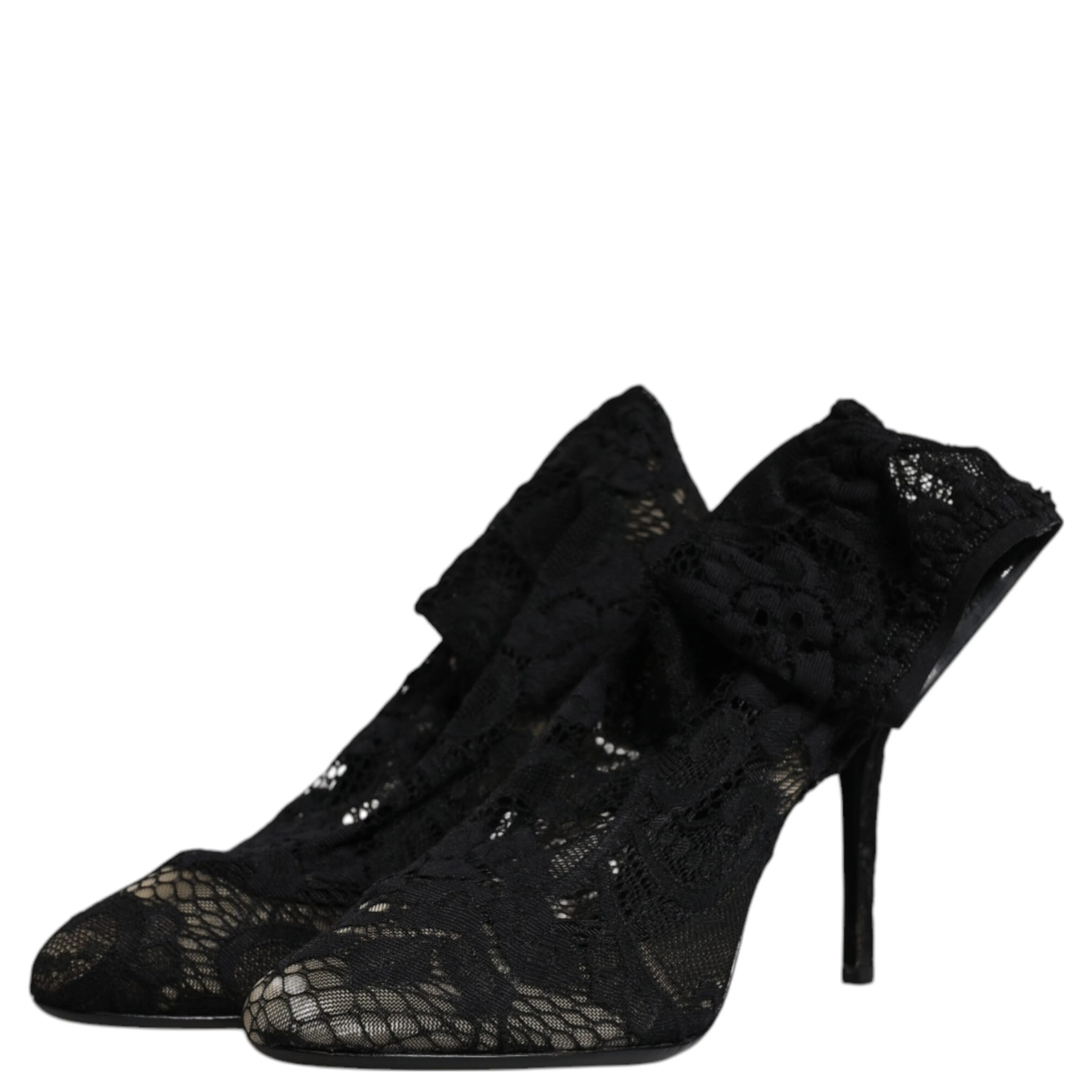 Black Lace Stretch Heels Mid Calf Boots Shoes
