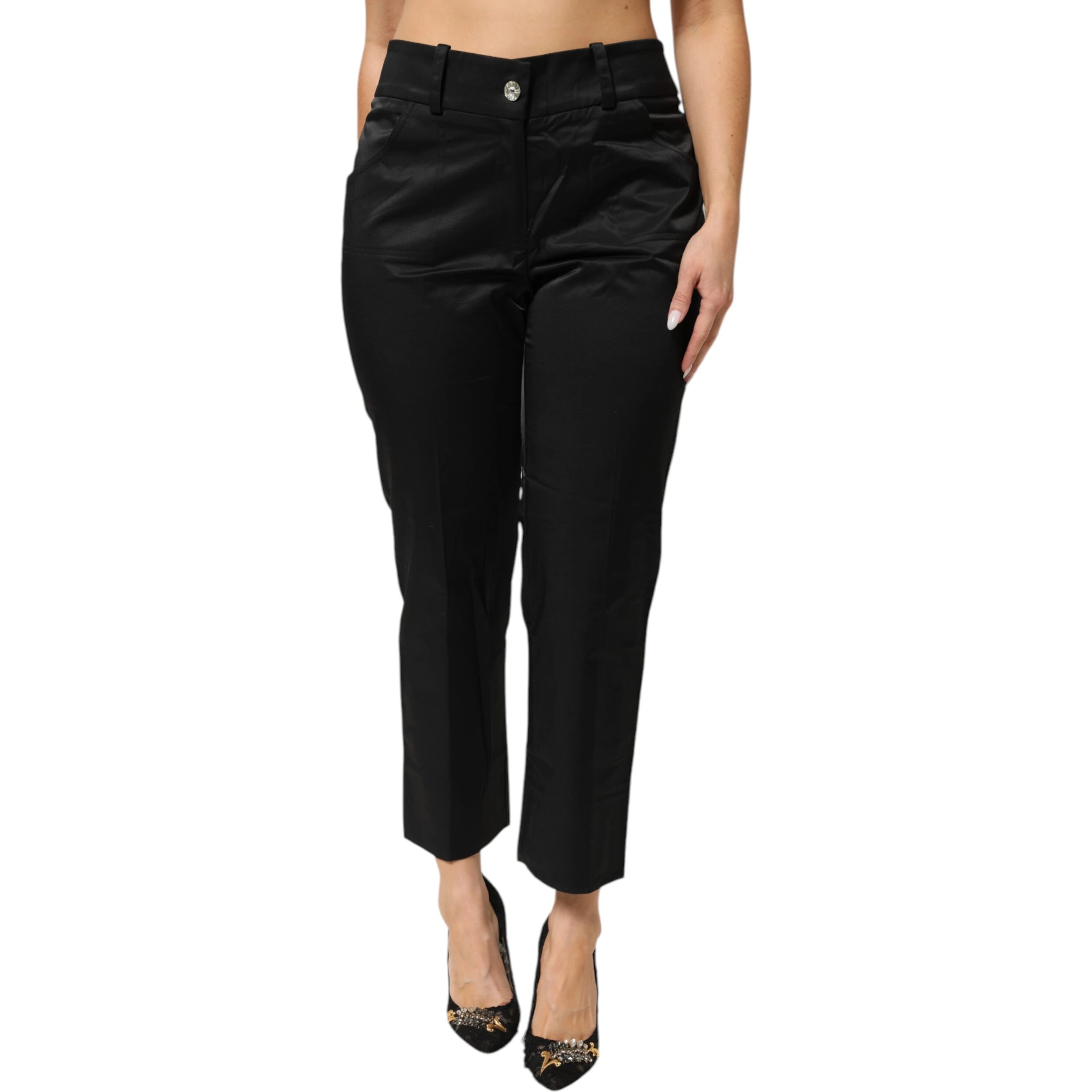 Black Cotton Blend Cropped Straight Leg Pants