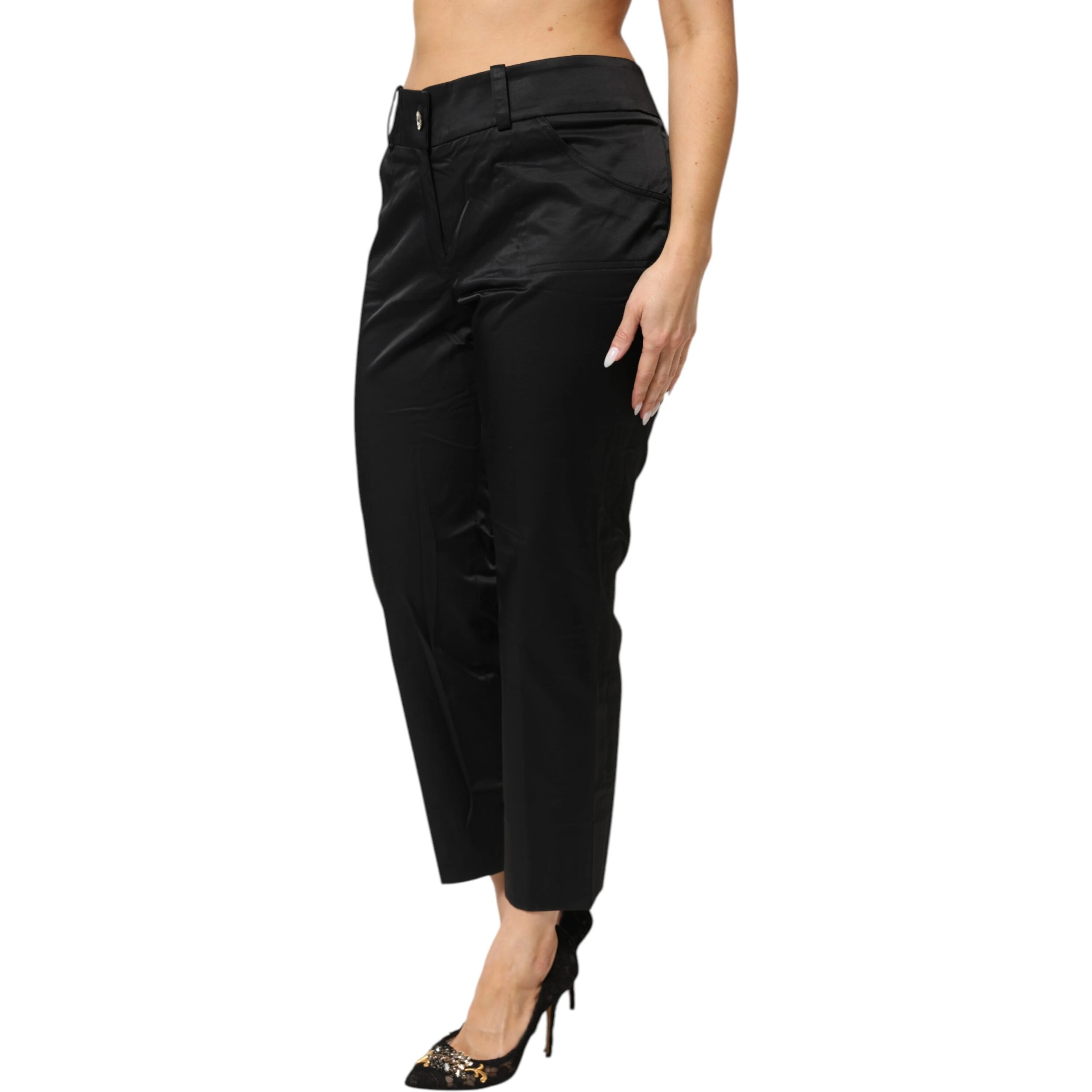 Black Cotton Blend Cropped Straight Leg Pants