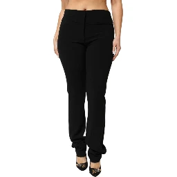 Black Viscose Acetate Blend Straight Leg High Waist Pants