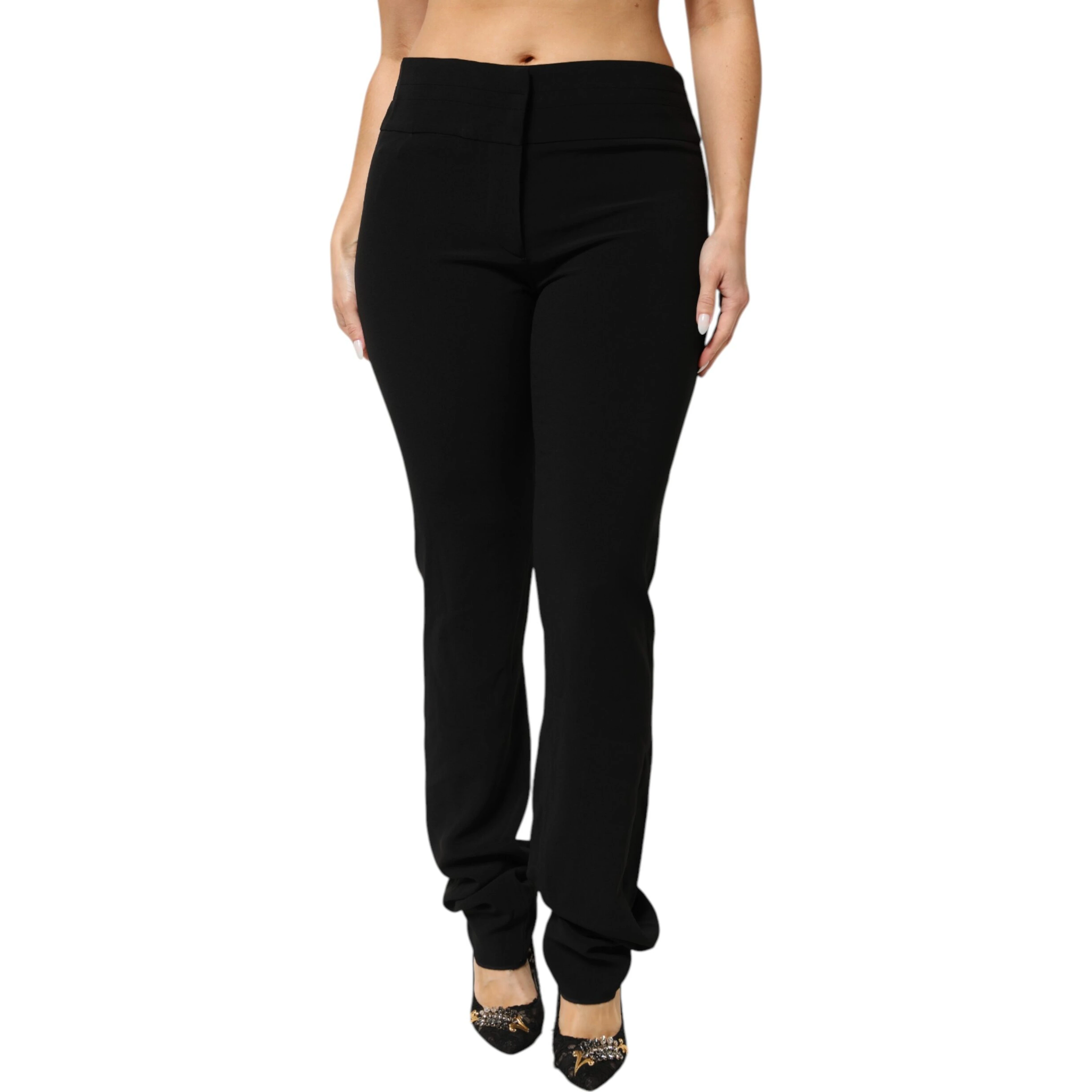 Black Viscose Acetate Blend Straight Leg High Waist Pants