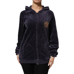 Purple Cotton Blend Velvet Zip-Up Hoodie Sweatshirt Sweater