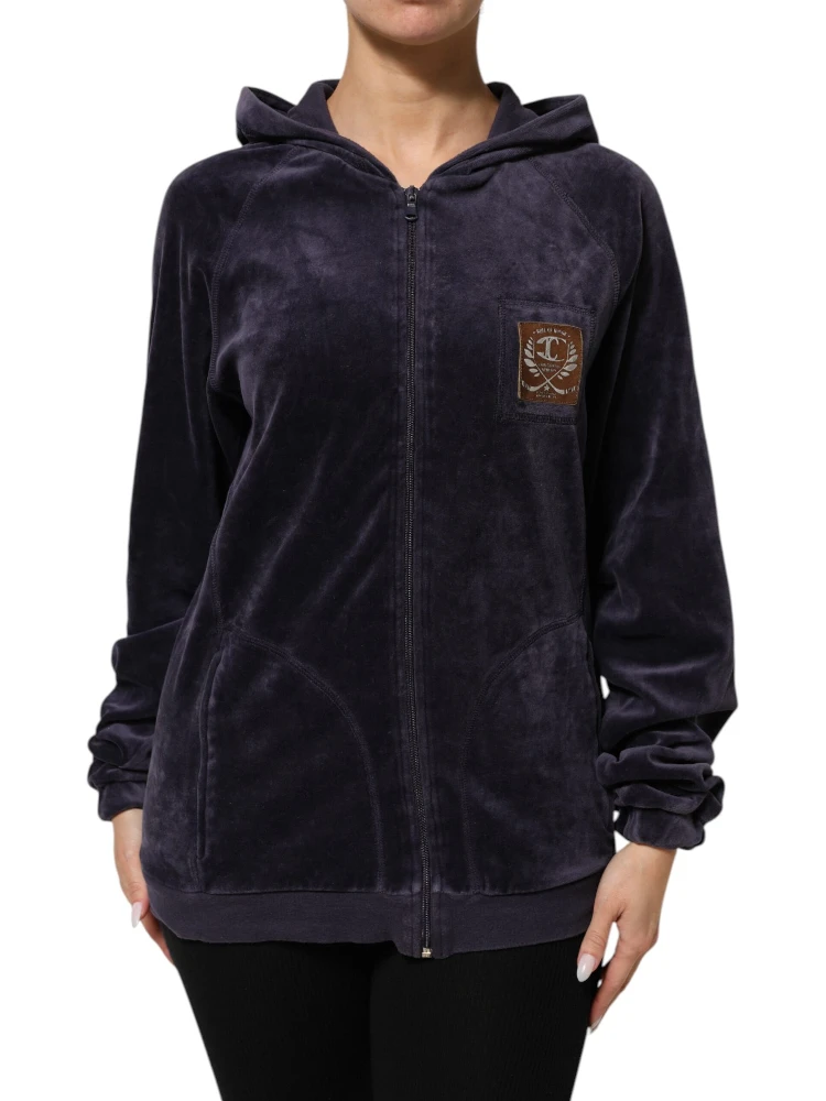 Purple Cotton Blend Velvet Zip-Up Hoodie Sweatshirt Sweater