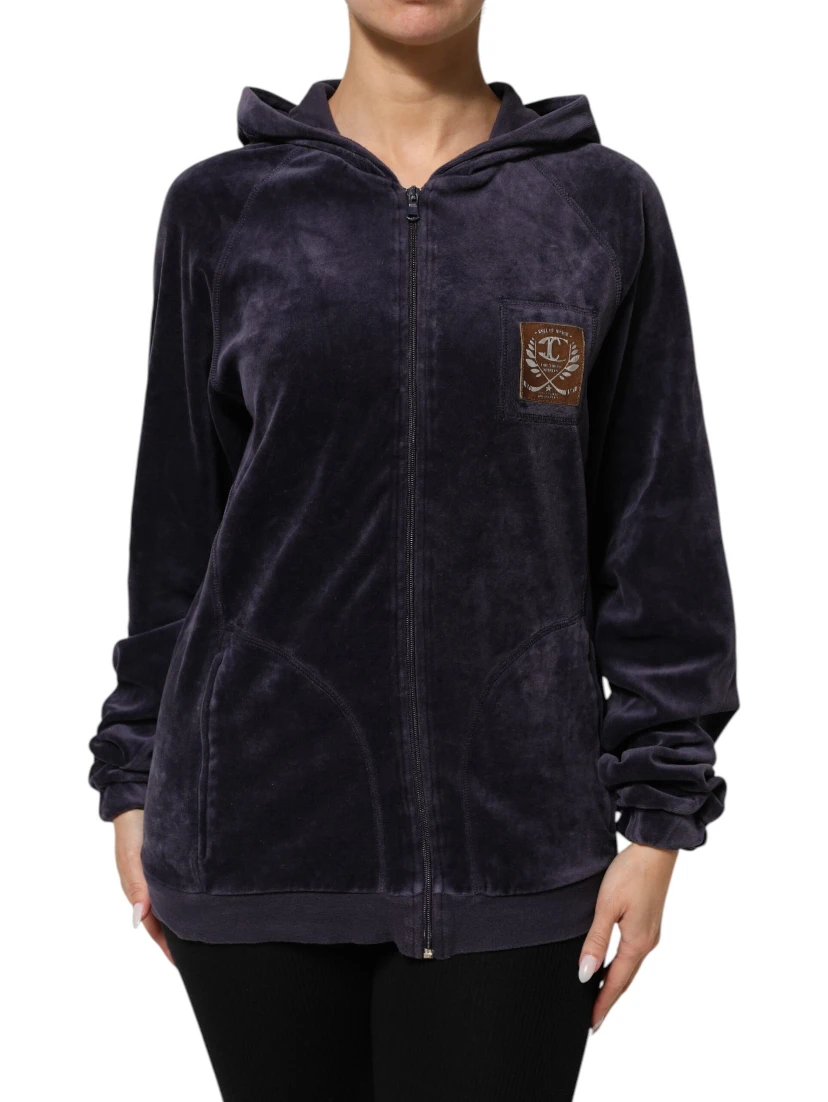 Purple Cotton Blend Velvet Zip-Up Hoodie Sweatshirt Sweater