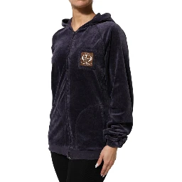 Purple Cotton Blend Velvet Zip-Up Hoodie Sweatshirt Sweater