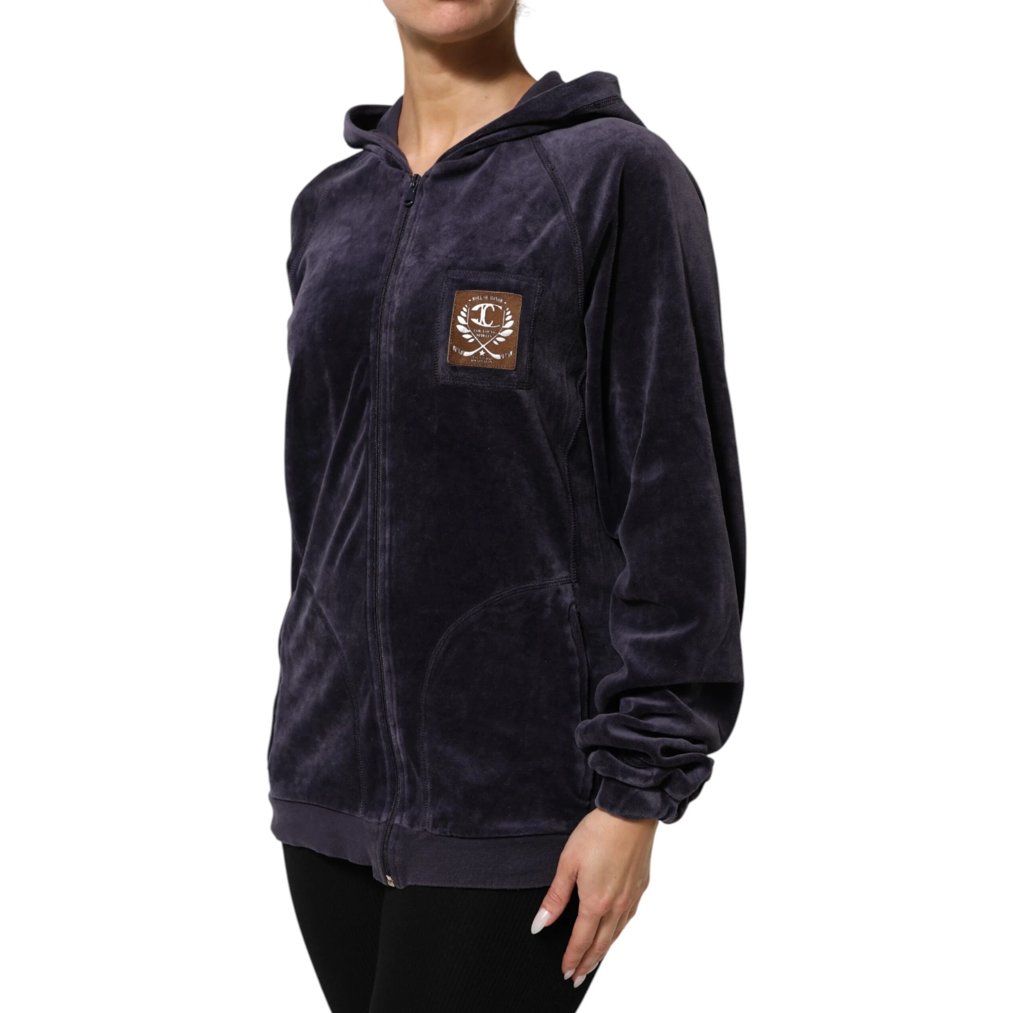 Purple Cotton Blend Velvet Zip-Up Hoodie Sweatshirt Sweater