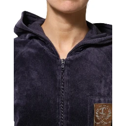 Purple Cotton Blend Velvet Zip-Up Hoodie Sweatshirt Sweater
