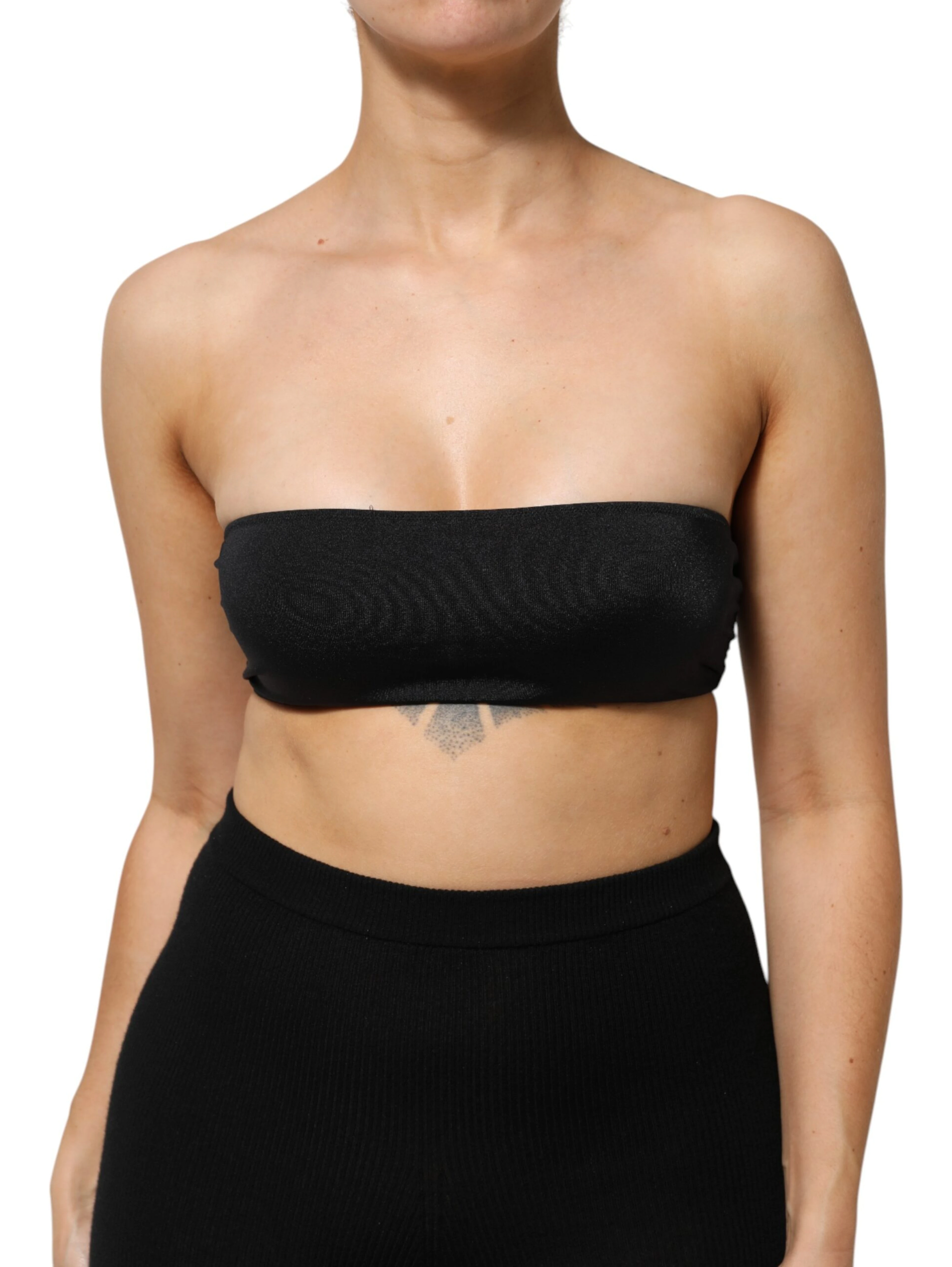 Black Nylon Blend Bandeau Strapless Tube  Top