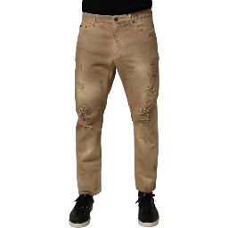 Beige Cotton Loose Tattered Men Denim Jeans