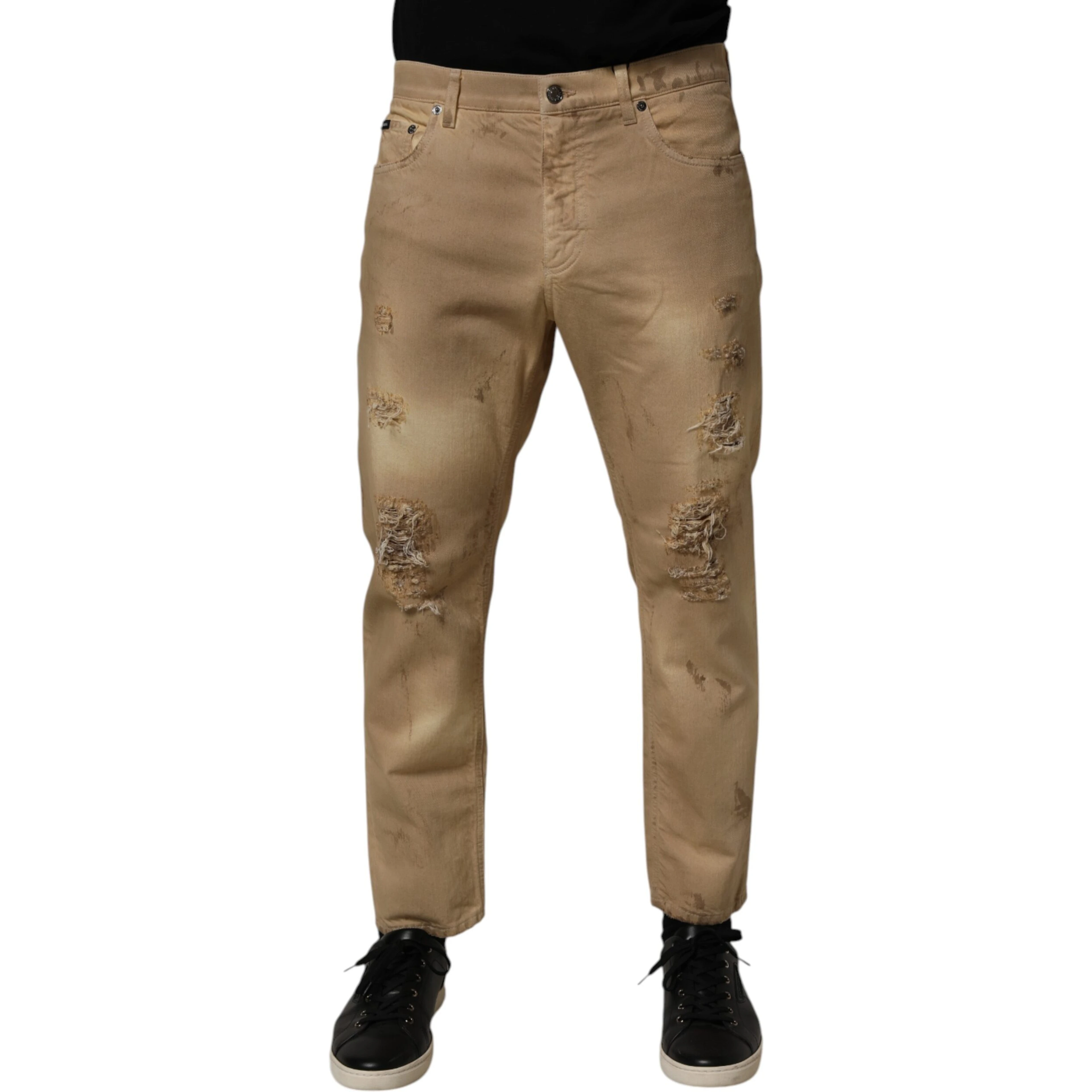 Beige Cotton Loose Tattered Men Denim Jeans