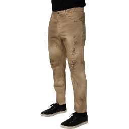 Beige Cotton Loose Tattered Men Denim Jeans