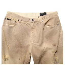 Beige Cotton Loose Tattered Men Denim Jeans
