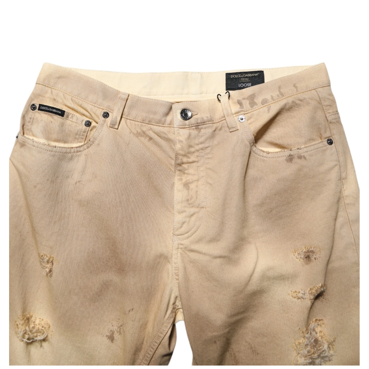 Beige Cotton Loose Tattered Men Denim Jeans