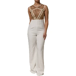White Beige Mesh Crystal Embellished Sleeveless Jumpsuit