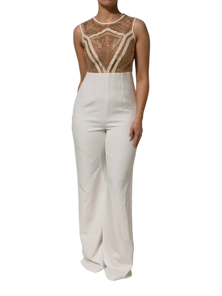 White Beige Mesh Crystal Embellished Sleeveless Jumpsuit