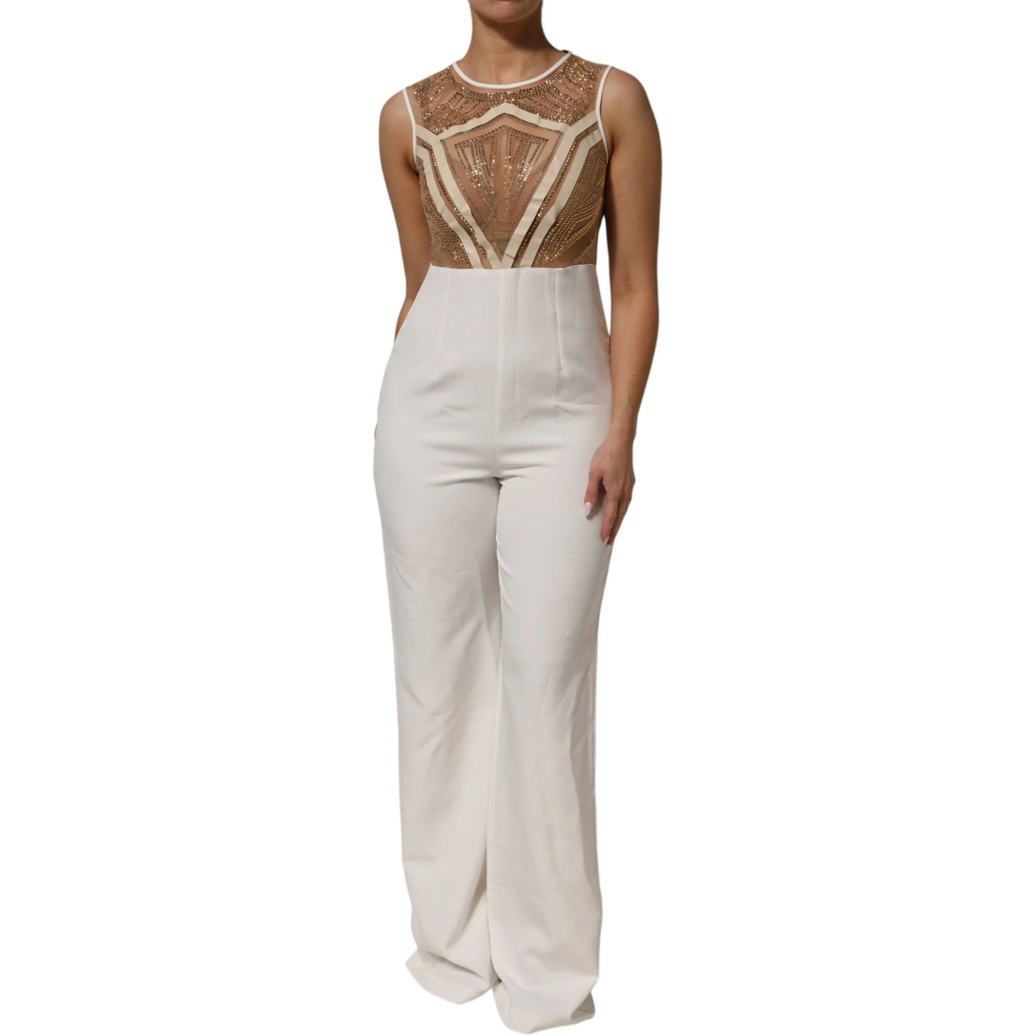 White Beige Mesh Crystal Embellished Sleeveless Jumpsuit