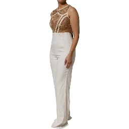 White Beige Mesh Crystal Embellished Sleeveless Jumpsuit
